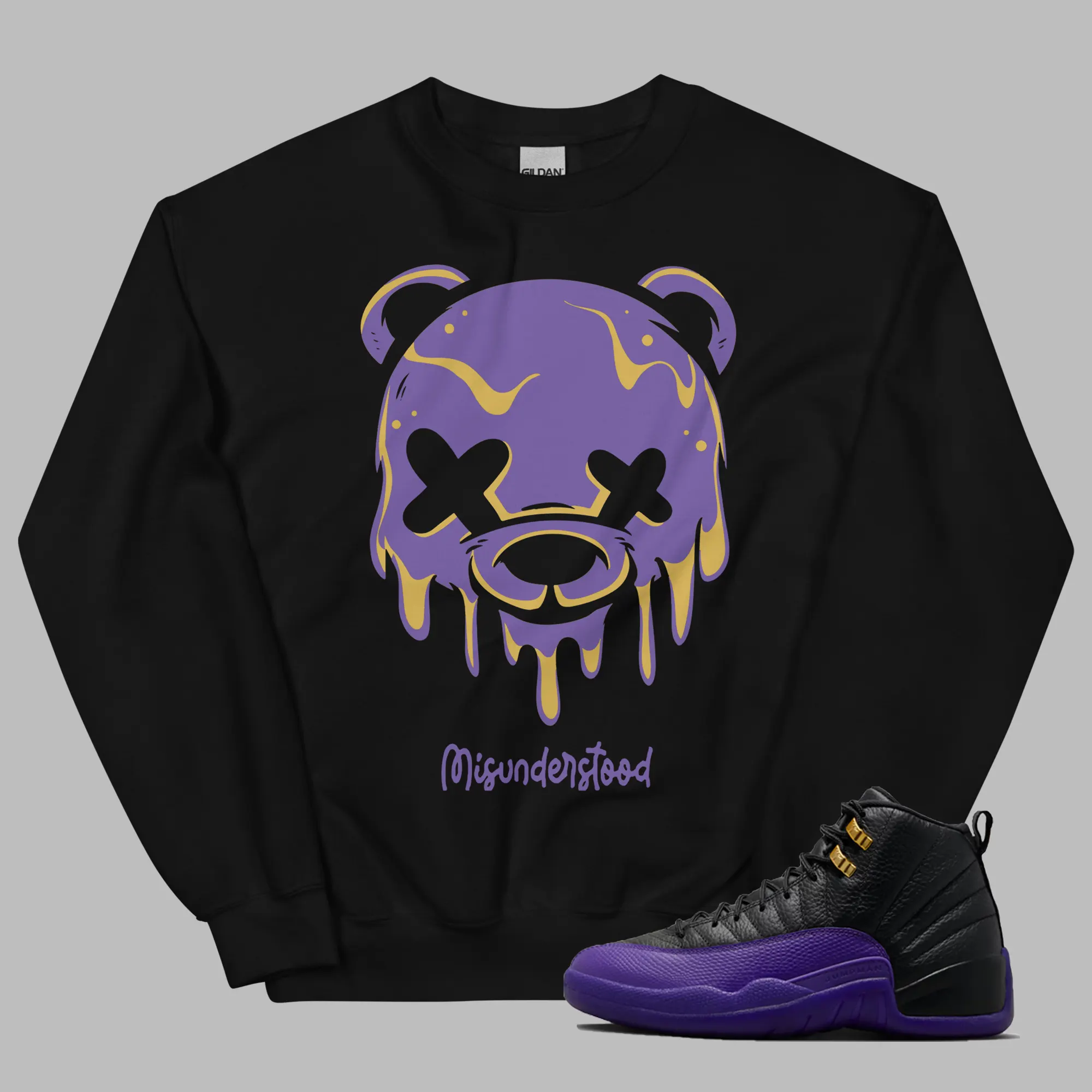 Air Jordan 12 Field Purple Sweater Outfit Dripping Bear Graphic