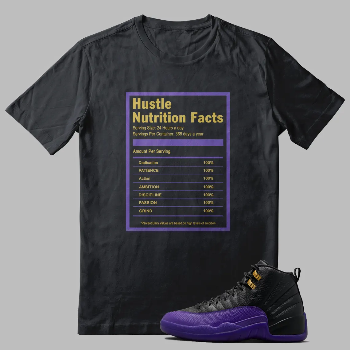 Jordan 12 Field Purple T-shirt Hustle Facts Graphic