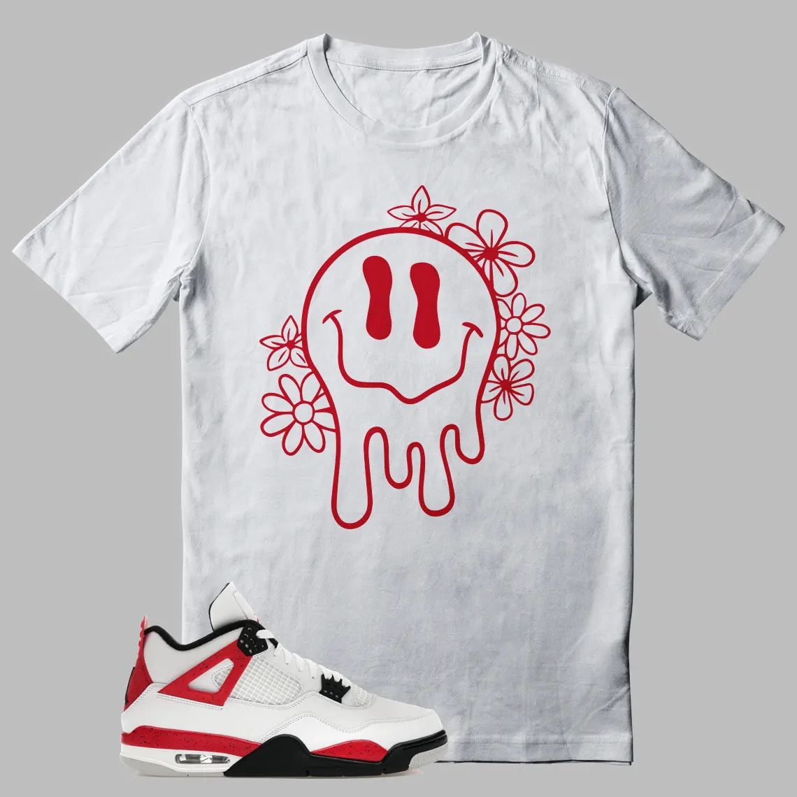 Jordan 4 Red Cement Floral Dripping Smiley Face Graphic