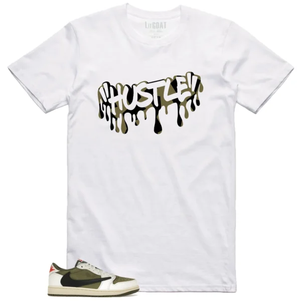 Hustle Drip Tee Matching Jordan 1 Low x Travis Scott Medium Olive