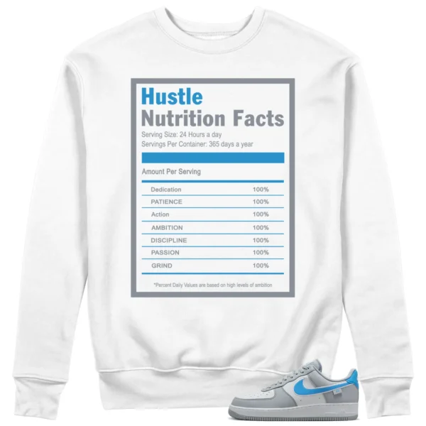 Hustle Facts: Motivational Sweatshirt for Nike Air Force 1 Low Grey University Blue