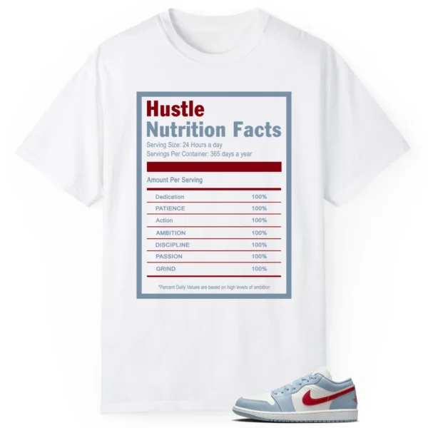 Hustle Facts: Motivational Graphic for Jordan 1 Low Blue Dune Red