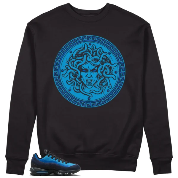 Medusa Sweatshirt for Air Max 95 x Stash Black and Harbor Blue Kicks