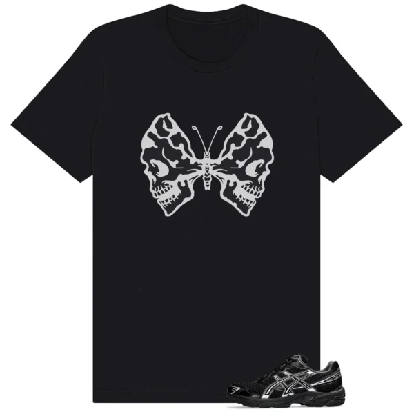 ASICS Gel-1130 Black Pure Silver Butterfly Skulls Tee | Gothic Streetwear Match