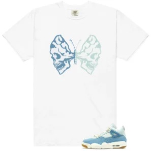WMNS Worn Blue Denim 4s Butterfly Skulls Matching Tees