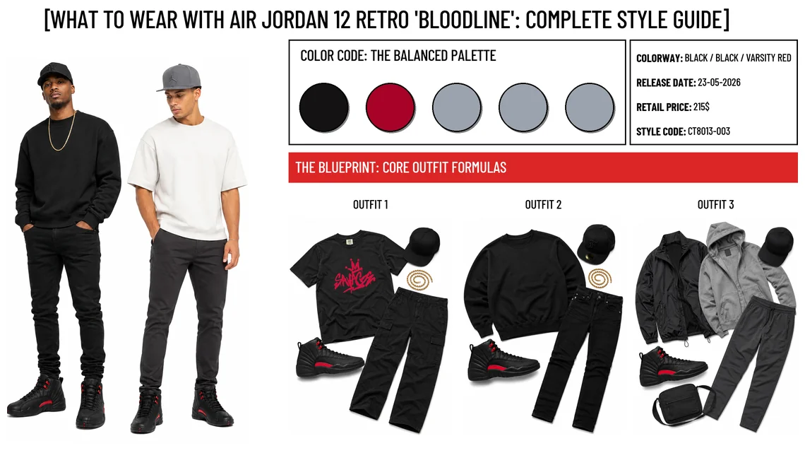 Air Jordan 12 Retro 'Bloodline' - header image with outfit formulas and material details