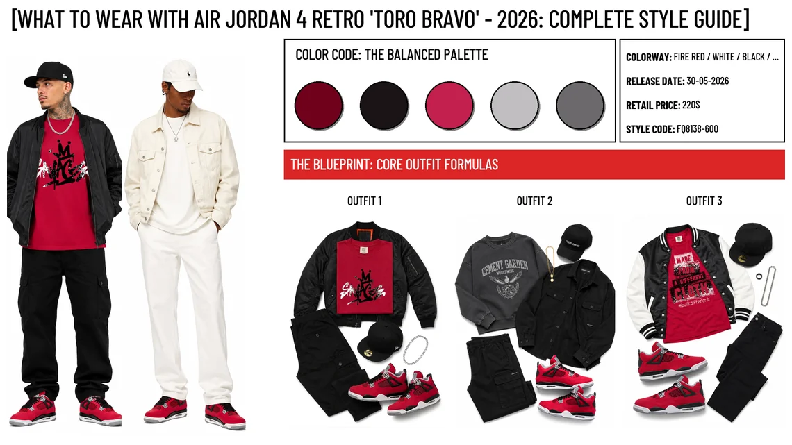 Air Jordan 4 Retro 'Toro Bravo' - 2026 - header image with outfit formulas and material details