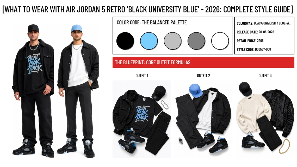 Air Jordan 5 Retro 'Black University Blue' - 2026 - header image with outfit formulas and material details