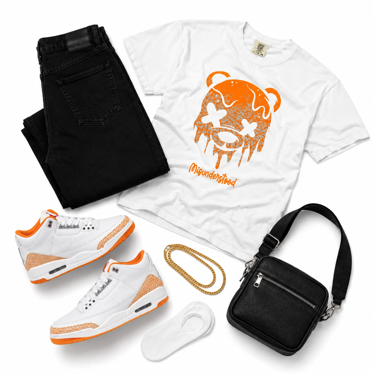 Blacked Out Citrus flat-lay - slim black crewneck sweatshirt, clean knit finish, no graphics paired with the Air Jordan 3 Retro Orange Citrus