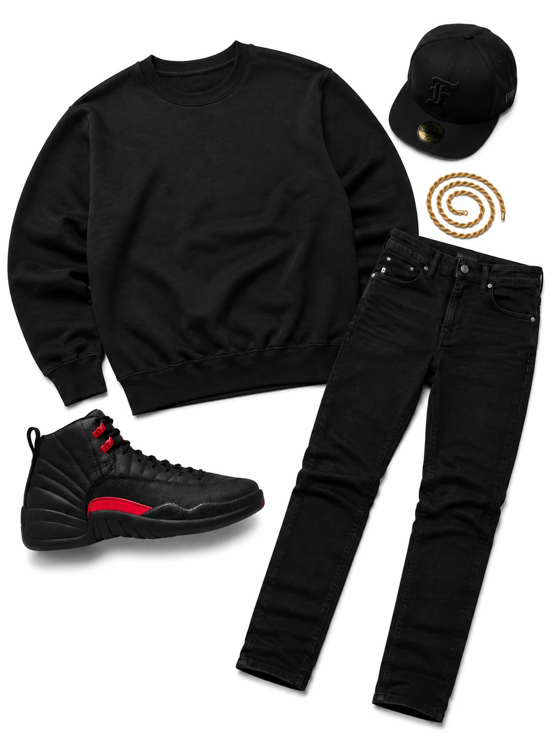 Crown the Court flat-lay - black heavyweight comfort colors tee with a varsity red graffiti crown and 'savage' spray-tag graphic at center chest paired with the Air Jordan 12 Retro 'Bloodline'