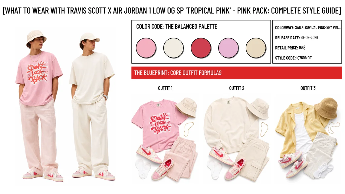 Travis Scott x Air Jordan 1 Low OG SP 'Tropical Pink' - Pink Pack - header image with outfit formulas and material details