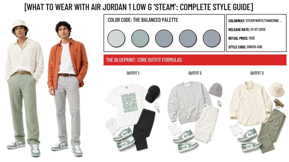 Air Jordan 1 Low G 'Steam' - header image with outfit formulas and material details