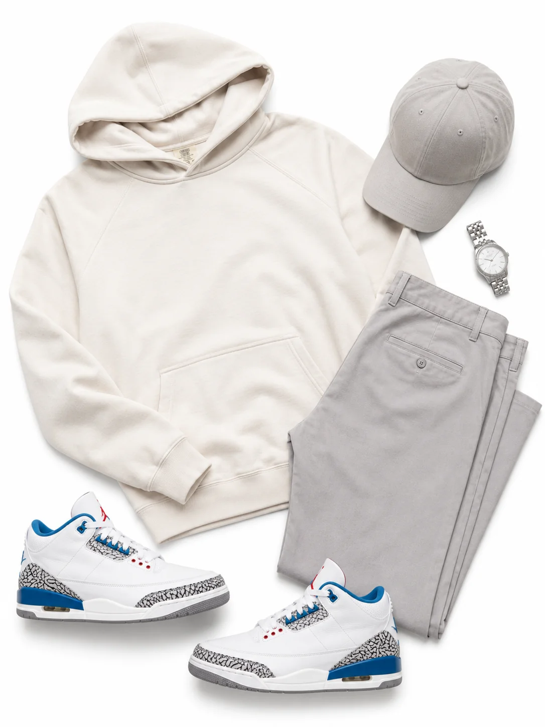 Misunderstood Standard flat-lay - white heavyweight tee with a true blue bear-face graphic, dripping paint effect, cement grey elephant-print texture on the bear's crown and ears, misunderstood in distressed script below paired with the Air Jordan 3 OG 'True Blue' - 2026