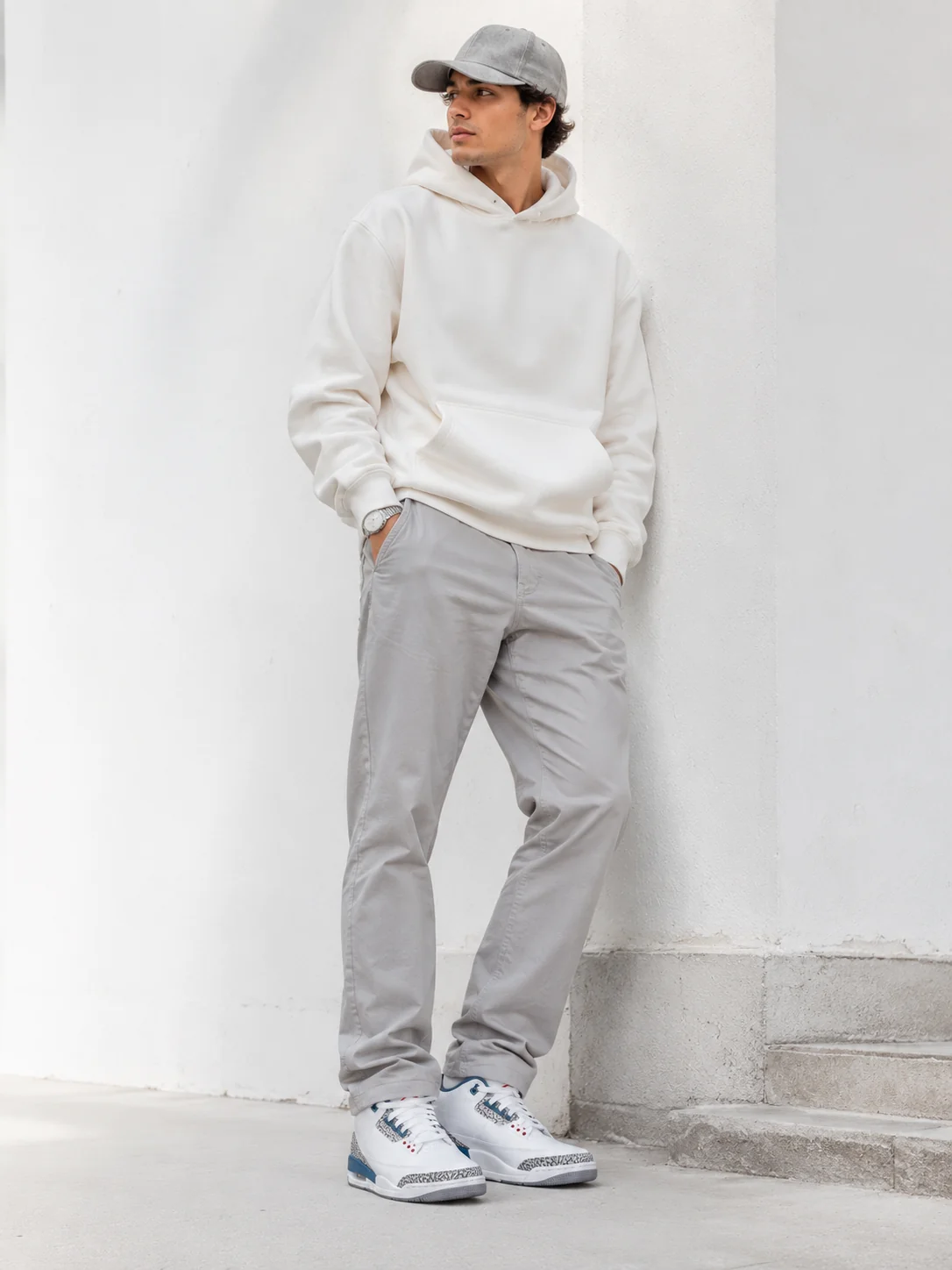 Model wearing White Cement Weekend outfit