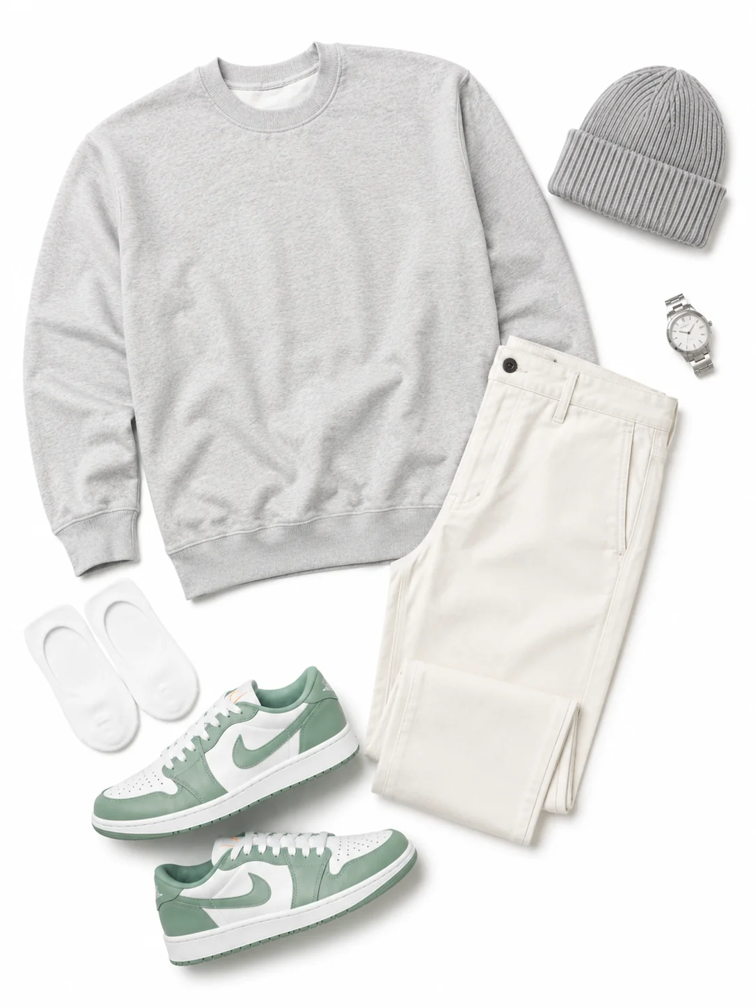 Nothing Stays the Same flat-lay - white comfort colors heavyweight tee with sage-green 'nothing changes if nothing changes' wavy retro block typography paired with the Air Jordan 1 Low G 'Steam'