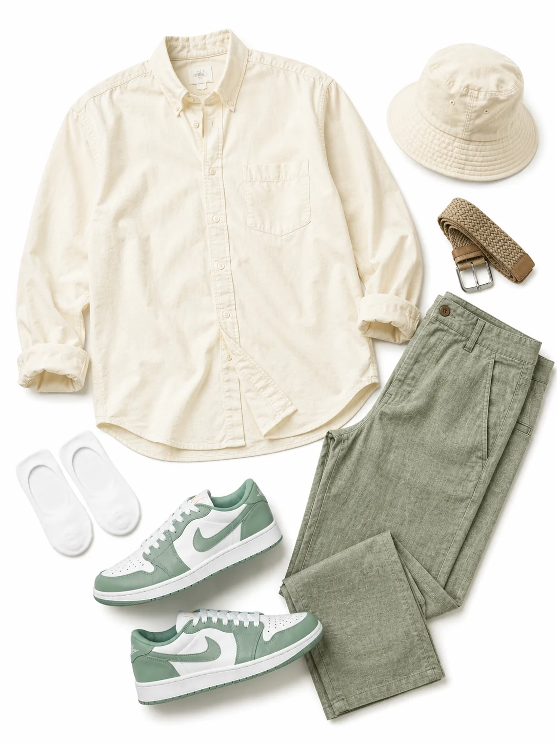 Quiet Credentials flat-lay - light heather-grey crew-neck sweatshirt, medium weight, relaxed fit paired with the Air Jordan 1 Low G 'Steam'